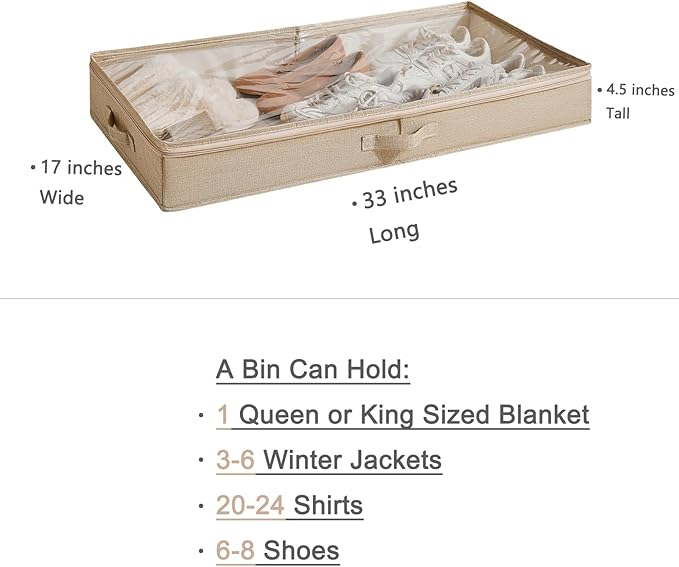 3 Pack Under Bed Storage Containers, Low Profile Underbed Shoes and Clothes Storage Organizer with Sturdy Sidewalls/Bottom, Large Dorm Storage Bins,33 * 17 * 4.5 inches,45L-NeatNest