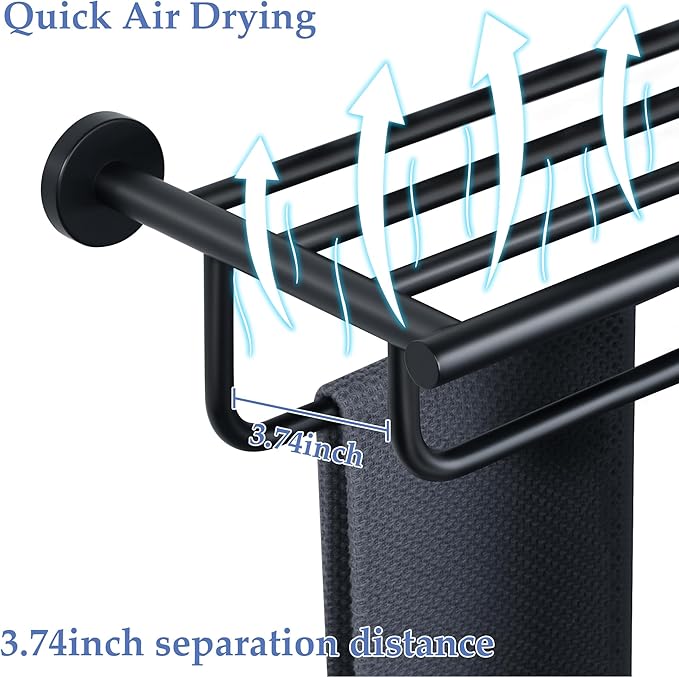 Alise Towel Rack,Towel Holder Towel Shelf with Double Towel Bars for Bathroom Lavatory,24-Inch SUS 304 Stainless Steel Wall Mount Towel Hanger Storage,Matte Black GYT7060-B