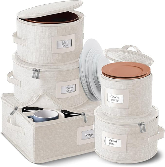 Fine China Storage Containers, 5 Piece Quilted Dish Storage Containers, Mug, Cup, and Plate Dish Organizer with Felt Dividers, Service of 12 Dinnerware Boxes for Moving, Seasonal Organization, Cream-NeatNest