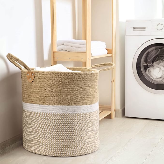 CHICVITA Extra Large Woven Storage Basket with Handles – Laundry Basket Toy Towels Jute Blanket Basket Home Decor Gift, 16" x 16", White-NeatNest