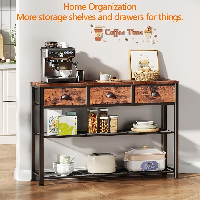 Furologee Entryway Table, 38'' Console Sofa Table with 3 Fabric Drawers, Industrial Entry Way Table with Storage Shelves, Display Shelf for Living Room, Hallway, Entrance, Foyer, Rustic Brown-NeatNest