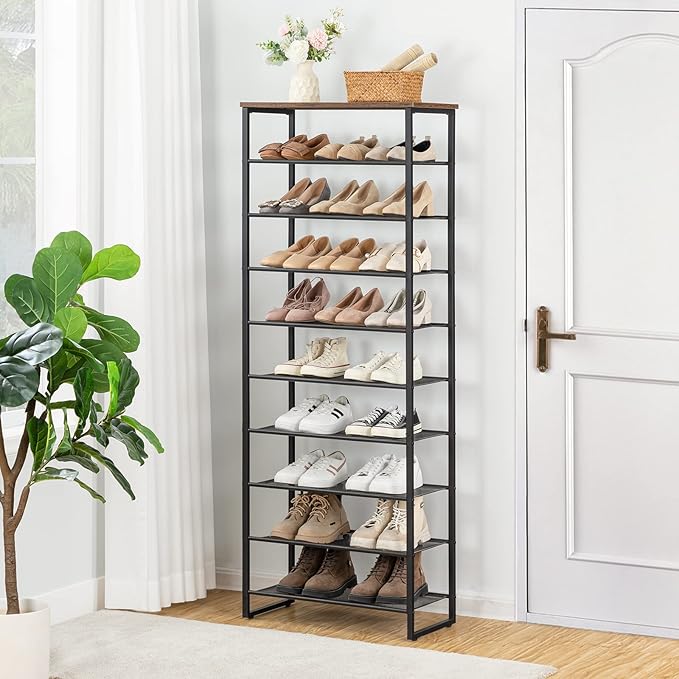 HOOBRO 10-Tier Shoe Rack, 23.6" L Shoe Storage Organizer, Large Capacity Shoe Shelf for Front Door Entrance, Entryway, Hallway, Holds 27-30 Pairs of Shoes, Closet, Rustic Brown BF601XJ01-NeatNest