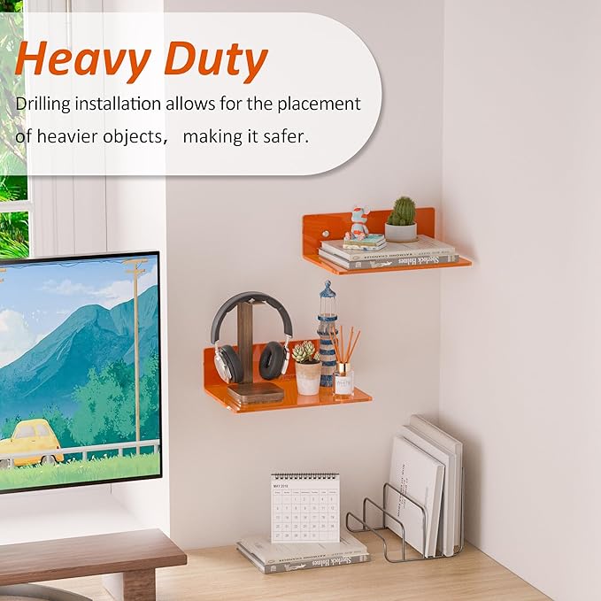 9 Inch Orange Wall Shelves, Acrylic Wall Mounting Ledges Display, Acrylic Display Wall Shelf for Funko Pop Figures, Collectibles, Plants, Décor, Toiletries, Spices, 2 Pack-NeatNest