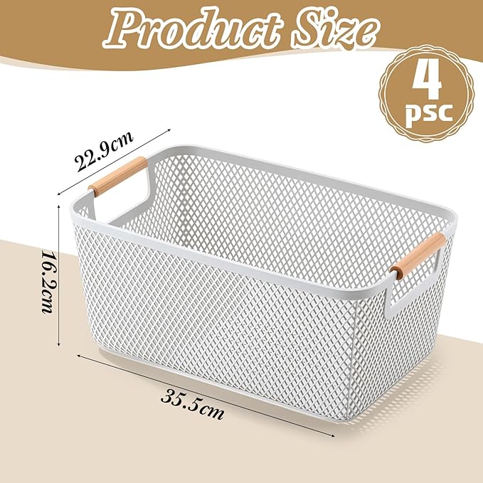 4 Pcs Plastic Mesh Baskets with Handles - Mesh Storage Organizer Bin Container Baskets for Home Organizing Pantry Closet Cabinet Kitchen Fridge Fruit Snacks Gifts, Grey (Large)