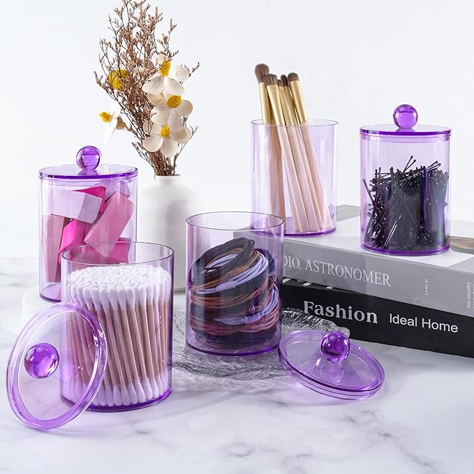 2 Pack Qtip Holder, Apothecary Jars Holder Dispenser, Bathroom Jars with Lids Set for for Cotton Swabs, Balls, Pads, Floss Picks,10oz-12oz Plastic Canisters(Purple)