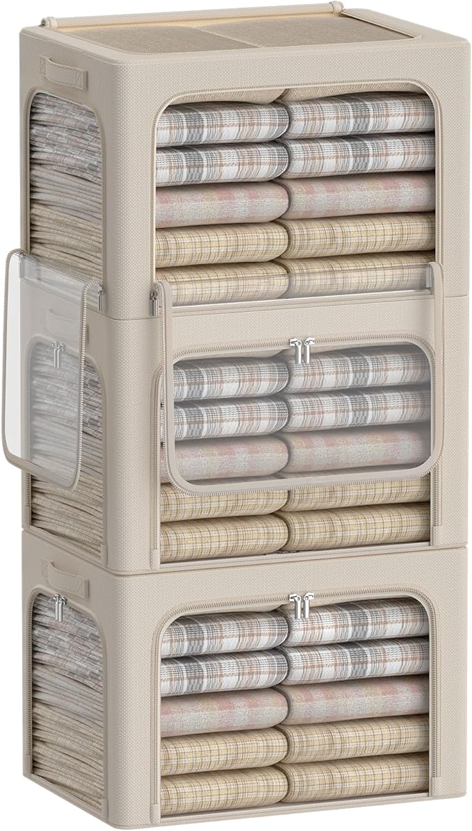 3Pack Clothes Storage Bins - Oxford Frame Storage Box Foldable Stackable Storage Organizer with 3 Openings Design, Metal Frame, Clear Window, Carry Handles (Beige, 100L-23.6 * 16.5 * 15.7in)-NeatNest