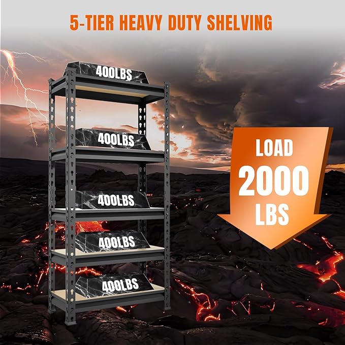 BIG RED Storage Shelving Unit, 5-Tier Adjustable, Heavy Duty Metal Garage Shelves/Utility Rack for Kitchen, Pantry, Basement, Bathroom, Laundry - 2,000 lbs Capacity, Black, 59" H x 28" W x 12" D-NeatNest