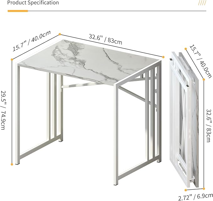 32 inch Folding Small Desk, Writing Gaming Computer Camping Desk for Small Spaces, No Assembly Required Home Office Desk, White Marble-NeatNest