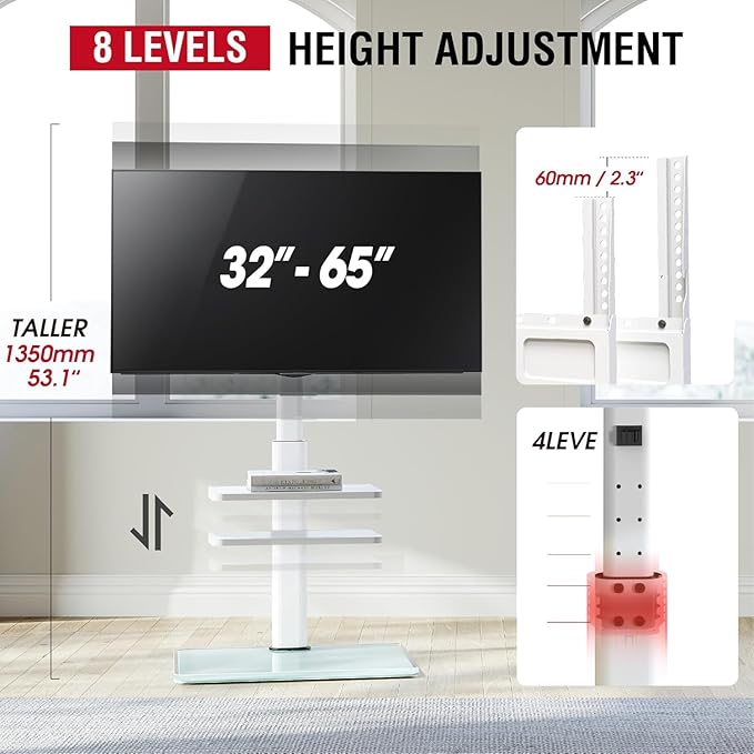 Floor TV Stand with 2 Shelves for 32-65" TVs, Swivel Floor TV Standing Stand with Tilting, 8 Level Height Adjustable Tall Stand for Living Room/Bedroom, Holds up to 88 lbs, MAX VESA 400x400mm-NeatNest