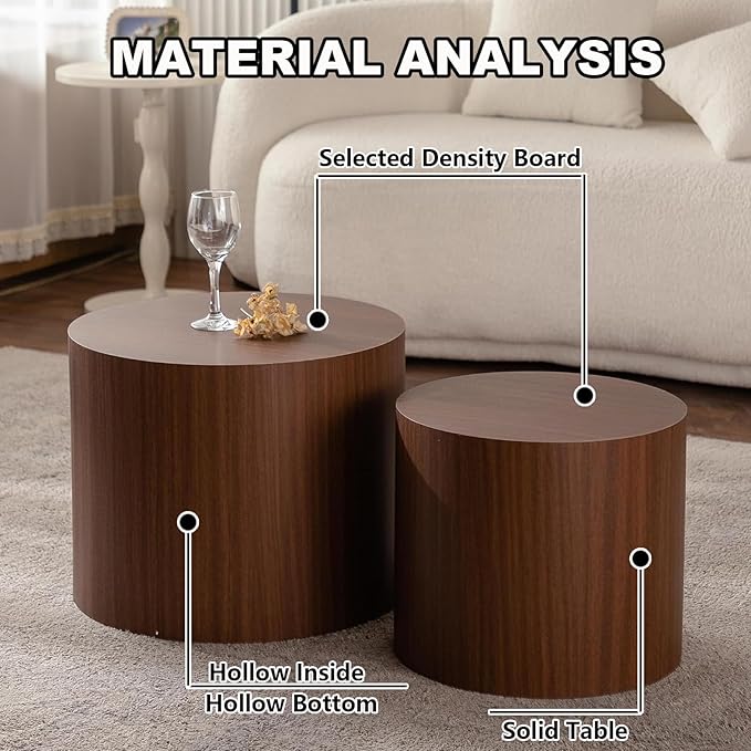 Round Nesting Coffee Table Set of 2 Modern Wooden Drum Coffee and End Table Sets Rustic Small Side Tables Circle Accent Center Tables for Living Room Apartment,No Assembly,Dark Wood