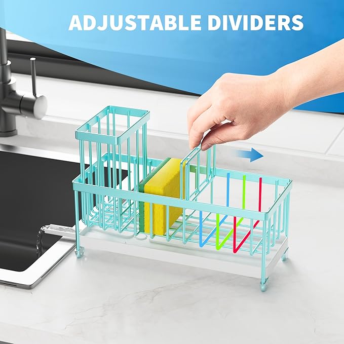 Cisily Turquoise Sponge Holder for Kitchen Sink, Sink Caddy Organizer with High Brush Holder, Kitchen Countertop Organizers and Storage Essentials, Rustproof 304 Stainless Steel, Soap Dispenser-NeatNest