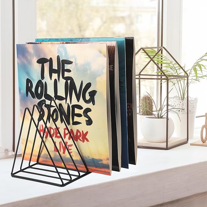 COSYAWN Triangle 7 Slot Vinyl Record Holder, Anti-Rust Metal Magazine Album Display Rack Desktop File Sorter Organizer, Paper Letter Newspaper Storage for Home Office, Black 2 PACK