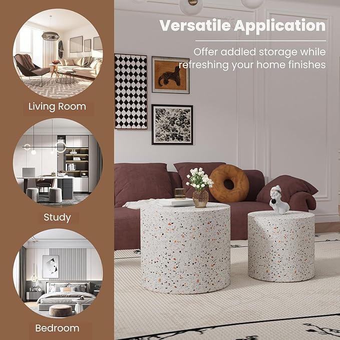 Round Nesting Coffee Table Set of 2 Modern Wood Coffee Tables Handcraft Drum Coffees Table Farmhouse Round Sofa Side Tables End Table for Living Room Small Spaces (Terrazzo)