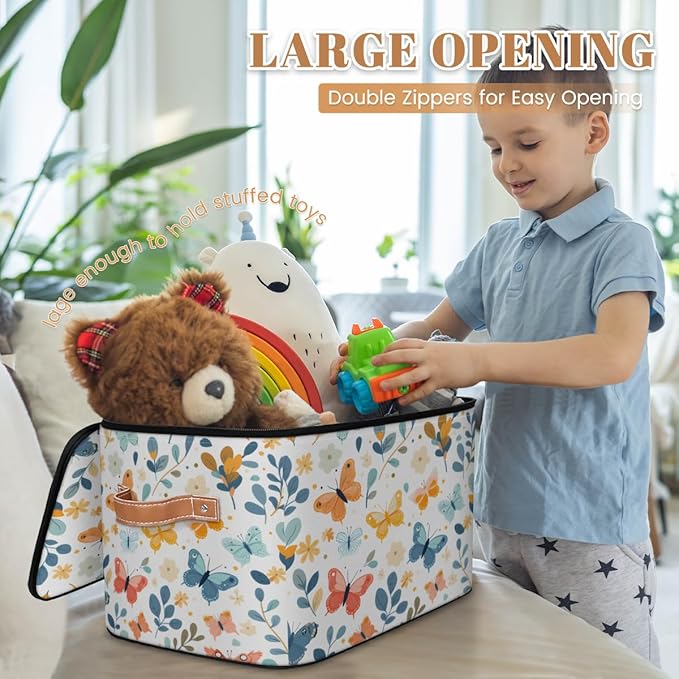 Butterfly Storage Bins with Zipper Lid, Boho Floral Lidded Storage Baskets Boxes Foldable Organizer with Leather Handles for Clothes Closet Shelf Toys-NeatNest