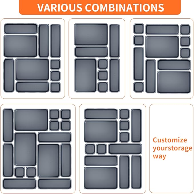 45 Pack Desk Drawer Organizer Tray, 3 Sizes Plastic Drawers Organizer Storage for Kitchen, Bathroom, Office, Vanity, Makeup, Utensils, Junk Drawer Organizer Bins, Gadget Trays for Organizing, Grey-NeatNest