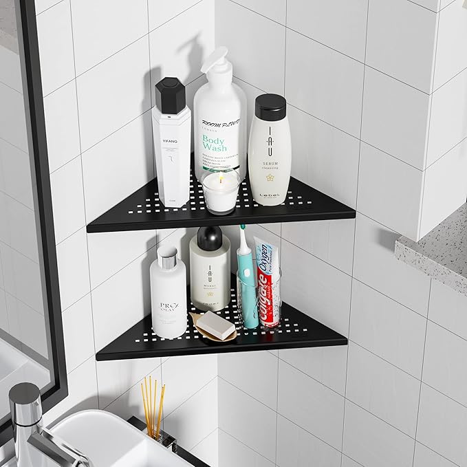 2 Pack Bathroom Corner Shelf, Recessed 12" Corner Shower Shelf, SUS304 Stainless Steel Triangular Wall Mount, No Drilling, Matte Black