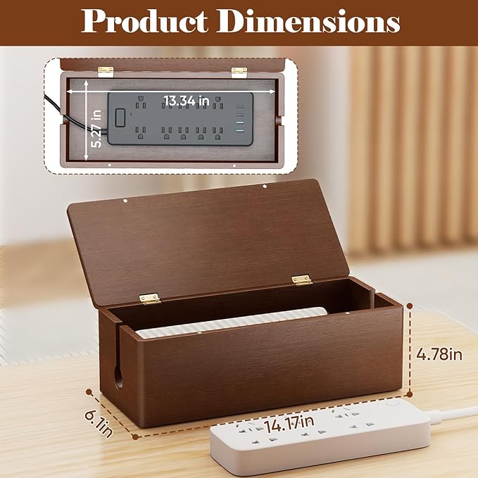 Delamu Cable Management Wooden Box with Magnetic Lid, Duty Cord Organizer Power Strip Hider Cover with Ventilation for Desk, Floor, Home Office, Baby-Pets Safe Storage Solution