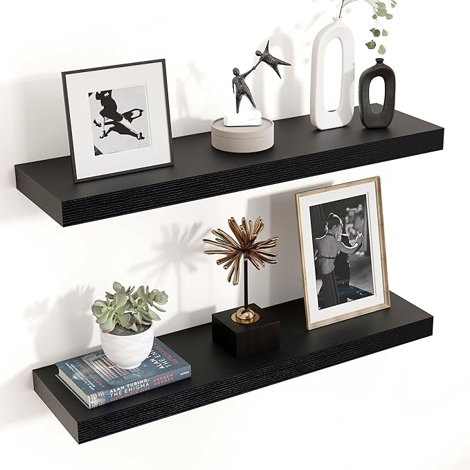 Floating Shelves for Wall, 24"W x 6.7"D x 1.4"H, 2 Pack of Long Wall Mounted Engineered Wood Shelves with Invisible Brackets for Living Room, Bedroom, Bathroom, Kitchen Decor and Storage, Black-NeatNest