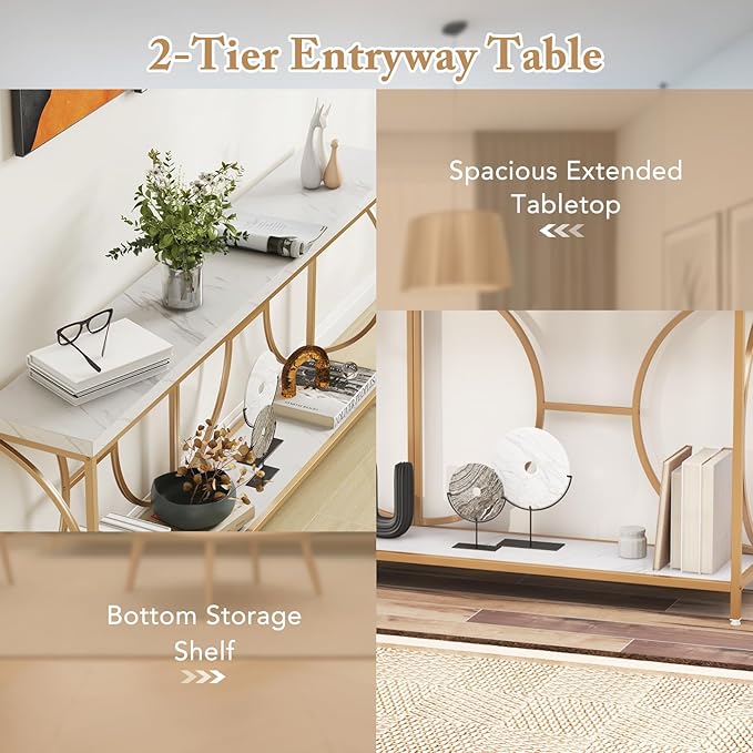 Giantex 71" Console Table, 2-Tier Extra-Long Gold Entryway Table w/Storage Shelf, Faux Marble Top, Narrow Sofa Table with Geometric Frame, Behind Couch Entry Table for Living Room, Hallway, Foyer-NeatNest
