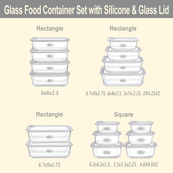 Glass Food Containers with Glass Lid, Microwave Safe Food Storage Container Set, 2 Pack of 50oz, Large Size Airtight Storage Set with Leak Proof Lids, Meal Prep Containers