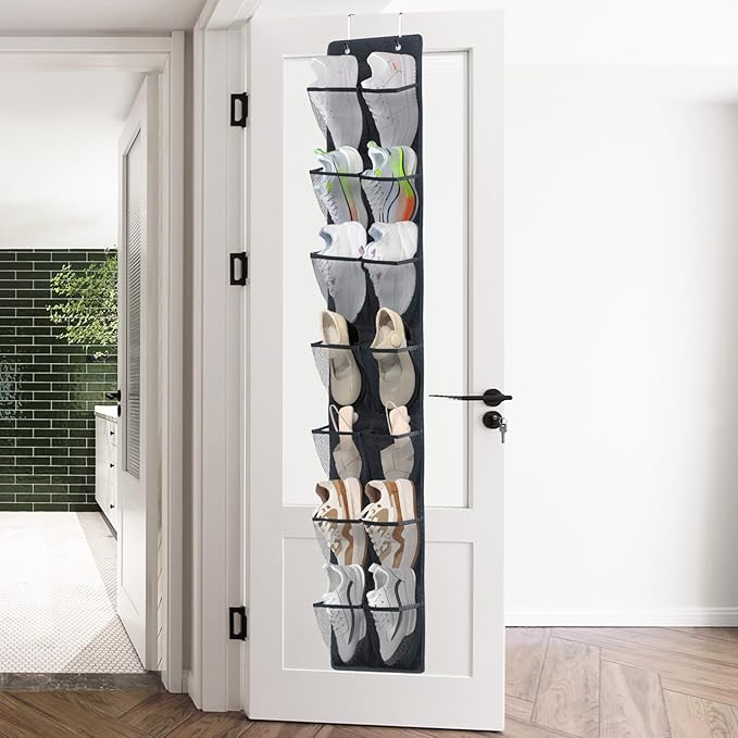 Over The Door Shoe Organizer, 14 Large Mesh Pockets Hanging Shoe Rack for Closet Organizers and Storage, 2-pack (black)-NeatNest