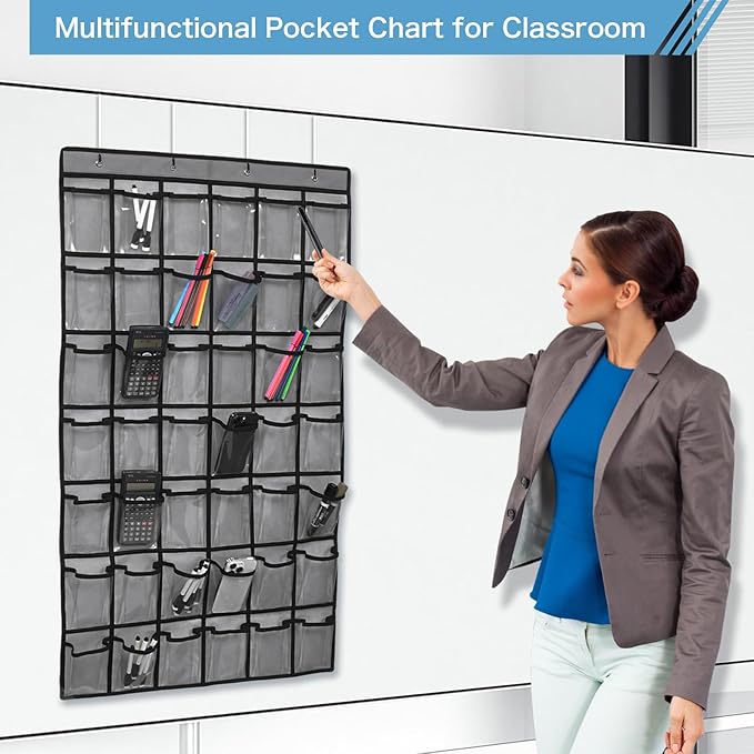42 Pocket Classroom Pocket Chart for Cell Phones and Calculator,Clear Cellphone Pocket Chart for Classroom with Number Sticker and Hooks (Grey-42 Pockets)-NeatNest