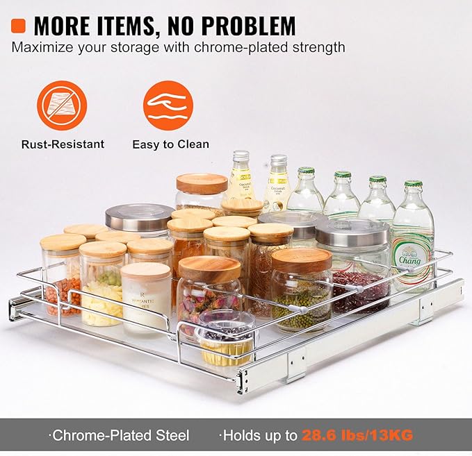VEVOR 18.5"Wx21"Dx3.5"H Pull Out Cabinet Organizer, Heavy Duty Slide Out Pantry Shelves, Chrome-Plated Steel Roll Out Drawer, Drawer Storage for Home Under Sink, 20"Wx22"Dx7"H Install Size for Cabinet-NeatNest