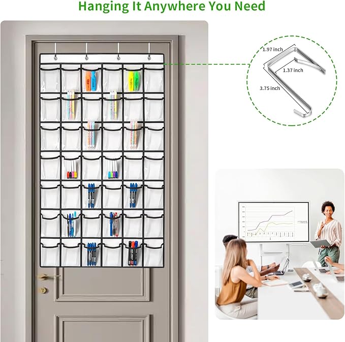 42 Clear Pockets Classroom Pocket Chart for Cell Phones and Calculator, Pocket Chart Organizer for Classroom Phone Storage Holder with 42 Number Sticker and Hooks (White)-NeatNest