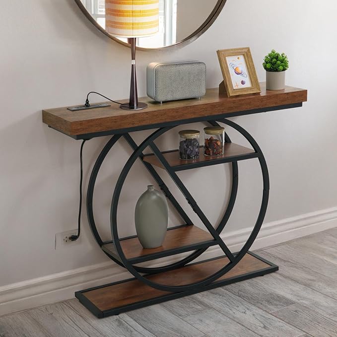 CAPHAUS 41” Unique Design 4-Tier Industrial Thick Sofa Console Table w/Storage & Charging Station, Entrance Tableau w/ 2 Outlets, USB & Type-C Ports for Living Room, Hallway, Rustic, Hourglass-NeatNest