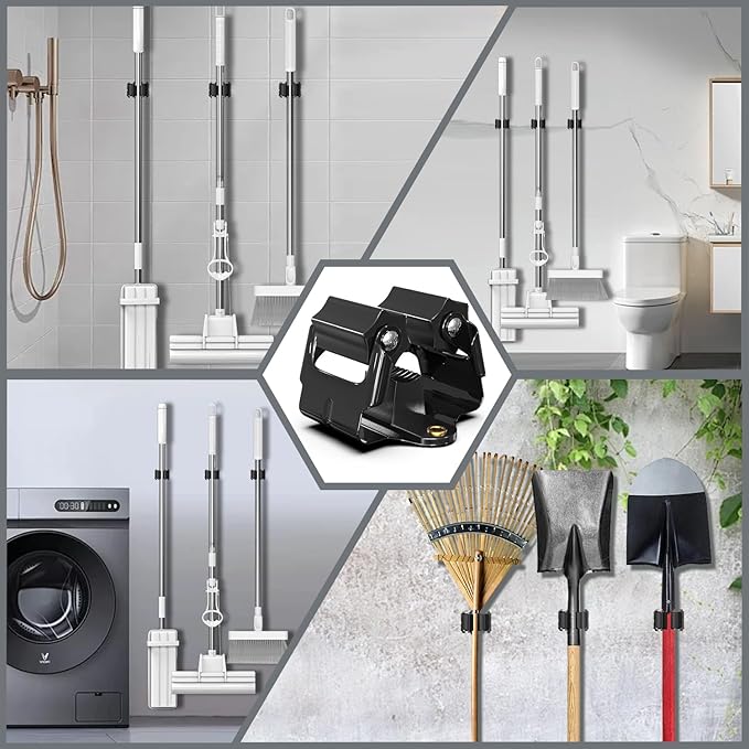 Mop and Broom Holder Big Size Hanging 1 KG Extra,Broom Holder 8 Pack,Broom Holder Wall Mount for organizing mop broom in Garden Laundry Room Cleaning Bathroom Kitchen Garage(Black)-NeatNest