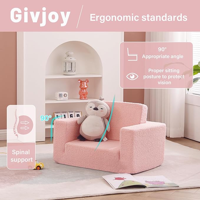 2-in-1 Toddler Chair Sherpa Couch - Soft Kids Lounger for Bedroom, Convertible Sofa for Girls and Boys, Reading Chair, Pink-NeatNest