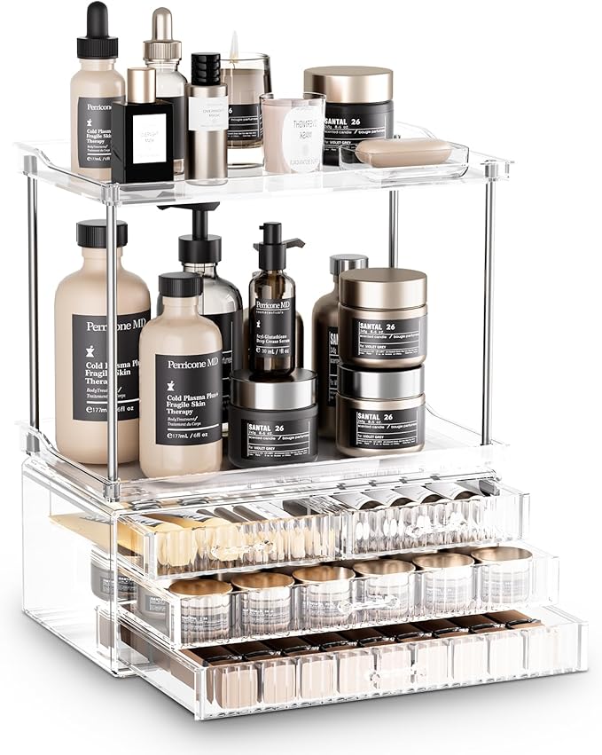 Acina 2-Tier Bathroom Organizer Countertop: Multi-Purpose Makeup Organizer - Large Skincare Exquisite Vanity Organizer for Cosmetics, Perfume Amber Clear-NeatNest