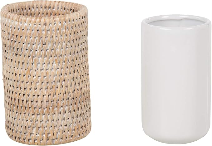 La Jolla Rattan Bathroom Tumbler and Toothbrush Holder (10 fl.oz.), White-Wash