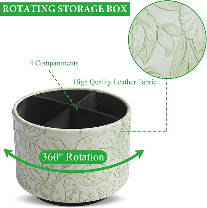 Hennaja Round Leather Art Supply Organizer,Remote Control Holder,360 Degree Spinning,Multi-Functional Pencil Holder,4 Compartments Desktop Stationary Organizer(1-Carved Green)-NeatNest