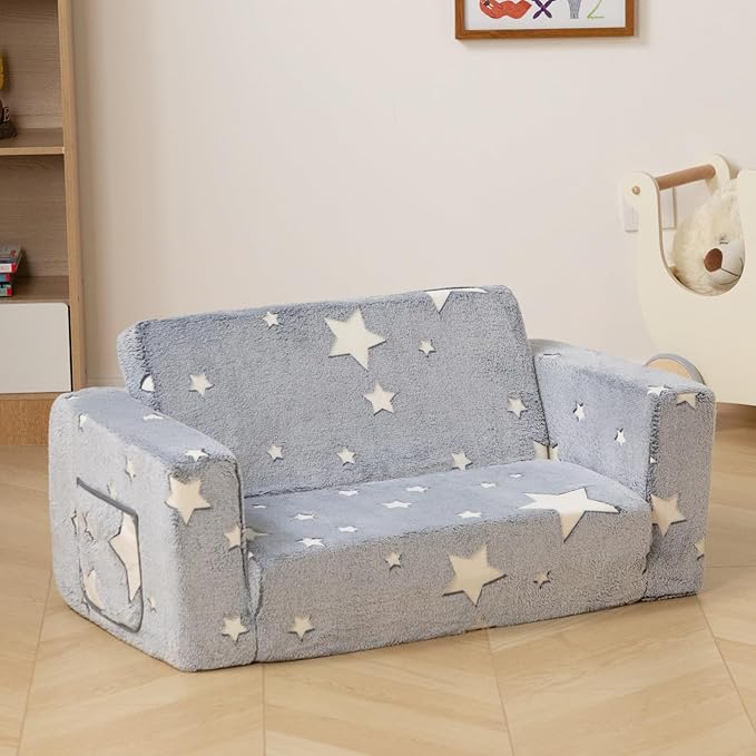 ALIMORDEN Fold Out Toddler Couch, Extra Wide Comfy 2-in-1 Cuddly Sherpa Sofa for Kids, with Removable Baby Friendly Blanket, Convertible Sofa to Bed, Star-NeatNest