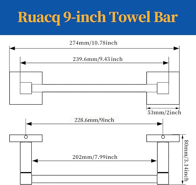 RUACQ Hand Towel Holder, 9-inch Hand Towel Bar, Square Base Towel Ring, 304 Stainless Steel Towel Rack for Bathroom, Wall Mounted(Matte Black)