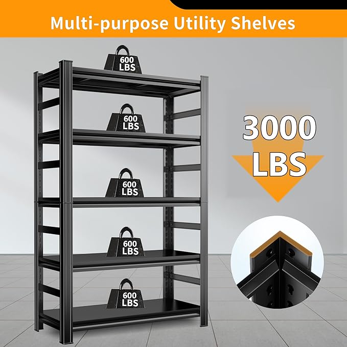 63''H Garage Shelving 3000 LBS Heavy Duty Garage Storage Shelves, Adjustable 5 Tier Metal Industrial Shelving Units Utility Shelves for Warehouse, Basement,15.75''Dx32''Wx63''H, Black