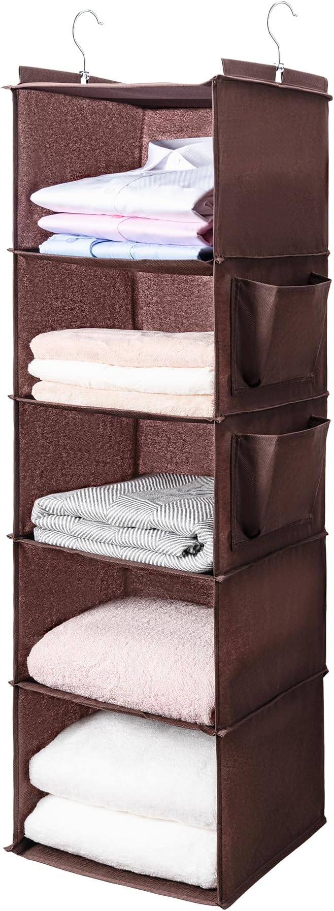 BOOMIBOO Hanging Closet Organize and Shelves，5-Hanging Shelf with 2 Side Pockets，Storage Foldable （Browm）-NeatNest