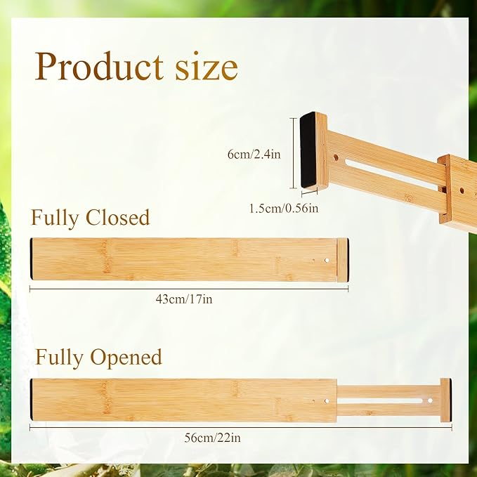 Sawysine 12 Pcs Bamboo Drawer Dividers Adjustable Drawer Organizers Spring Separators Organization Expandable Organizers for Kitchen Bedroom Bathroom Dresser Office (Natural Color,22 x 2.4 Inche)