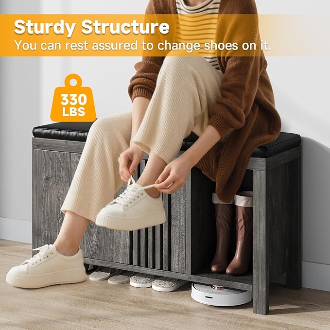 40" Shoe Storage Bench with Flip Drawers & Padded Seat Cushion, Adjustable Shelf, Slatted Doors Entryway Bench Shoe Cabinet with Bench for Entryway Living Room Bedroom, Oak Grey