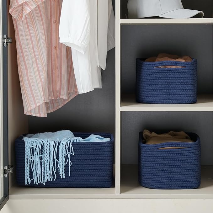 3-Pack Storage Baskets for Organizing | Woven Shelf Toy Basket | Rope Baskets for Gifts Empty | Closet Organizer Bins with Handles | Cube Decorative Box | 13.7×7.1×6.7” | Navy Blue-NeatNest