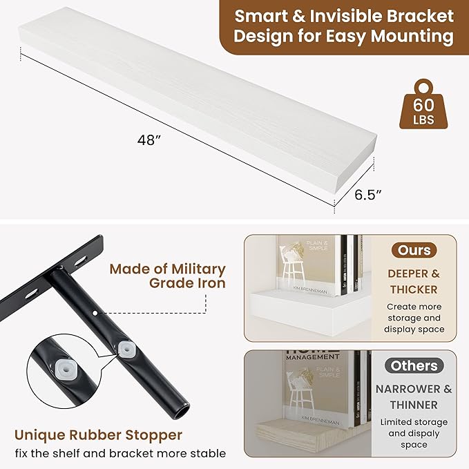 fuqing Floating Shelves for Wall, Bathroom Shelf Wall Mounted for Storage, Shelves with Invisible Bracket for Bedroom, Kitchen, Living Room, Farmhouse Small Book Shelf, 48 Inch Set of 2, White-NeatNest