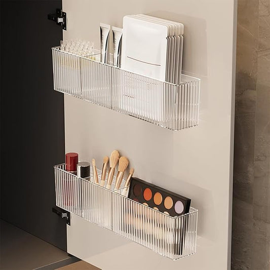 2 Pack Bathroom Makeup Organizer Wall Mount Clear Bathroom Organizers and Storage with 3 Compartments Plastic Storage Organizer Bins Floating Shelves for Wall, Narrow Space, Office, Bedroom 14''Length-NeatNest