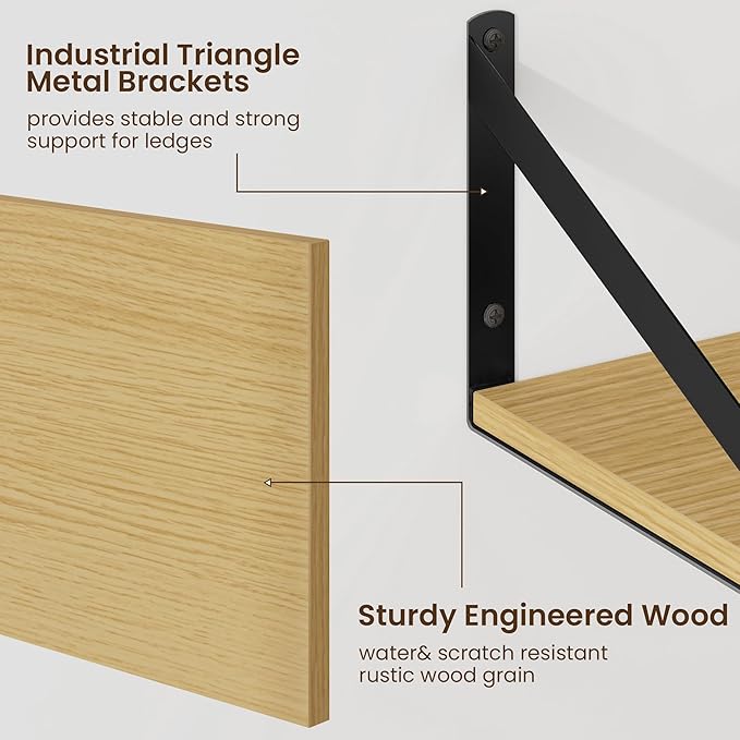 Fun Memories Floating Shelves for Wall, 12 Inch Deep Floating Shelves Set of 2, 16W x 12D Large Wall Shelf with Sturdy Metal Brackets for Living Room, Bathroom, Bedroom and Kitchen, Oak-NeatNest