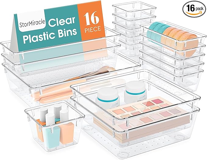 16 PCS Drawer Organizer Set, 5 Varied Size Bathroom and kitchen Drawer cabinet organizer Trays, Clear Storage Bins for Makeup, Jewelry, Utensils and Gadgets-NeatNest