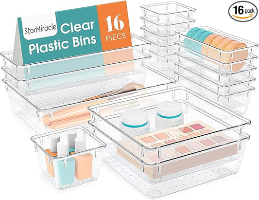 16 PCS Drawer Organizer Set, 5 Varied Size Bathroom and kitchen Drawer cabinet organizer Trays, Clear Storage Bins for Makeup, Jewelry, Utensils and Gadgets-NeatNest