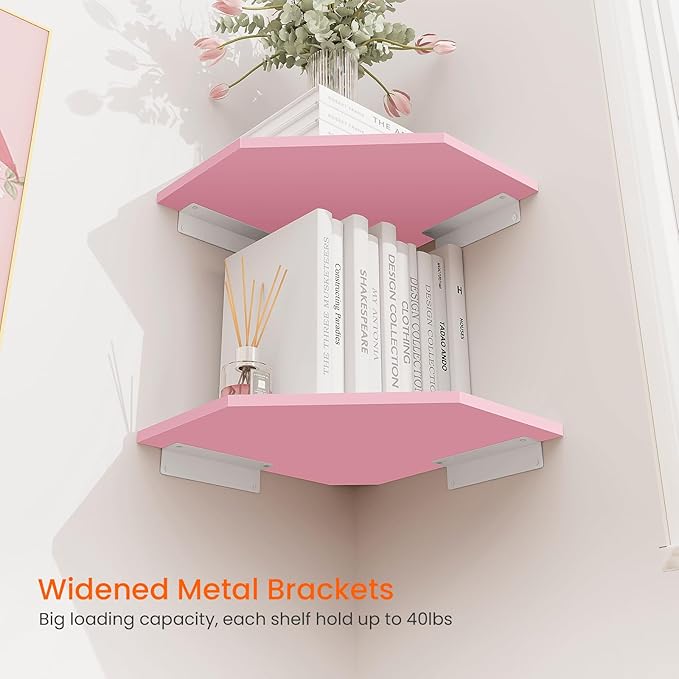 Homode Corner Floating Shelves, Corner Wall Shelf with Cord Hole, 2 Tier Wood Hanging Corner Shelf for Bathroom, Bedroom, Living Room, Pink-NeatNest