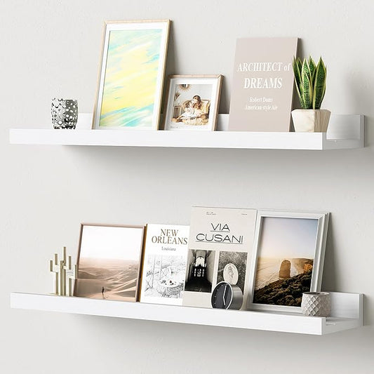 Floating Shelves for Wall, 24 inch Solid Wood Picture Ledge Shelf, Picture Shelf for Wall with Ledge, Floating Book Shelves for Living Room Bedroom Kitchen Nursery Decor, White, Set of 2-NeatNest