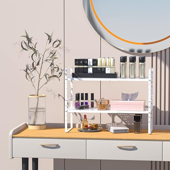 Cabinet Organizer Shelves,3 Pack of Expandable Spice Racks,Space Saving Storage Shelves for Kitchen,Pantry,Bathroom, Bedroom, Under Sink,Office,Table Surfaces & Counter,White Modern Style-NeatNest