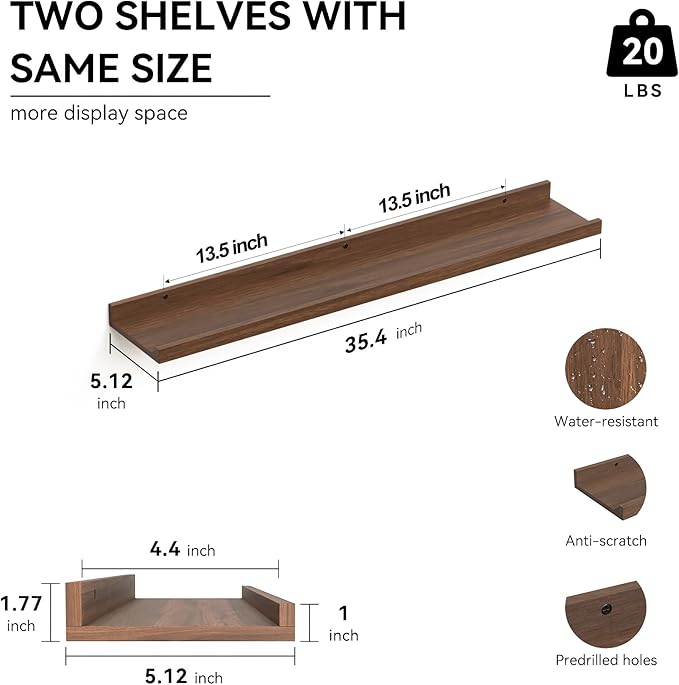 35.3 Inches Long Floating Shelves, 2 Set Farmhouse Wall Shelf for Bedroom, Nursery Book Shelf with Lip, Picture Ledge Shelf for Wall Decor Living Room Bathroom Kitchen - Walnut-NeatNest